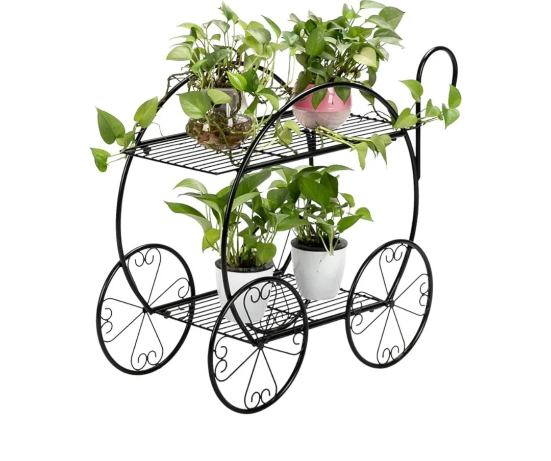 Black 2-Tier Metal Plant Stand with Wagon Wheel Design