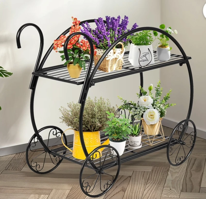 Black 2-Tier Metal Plant Stand with Wagon Wheel Design - photo 2