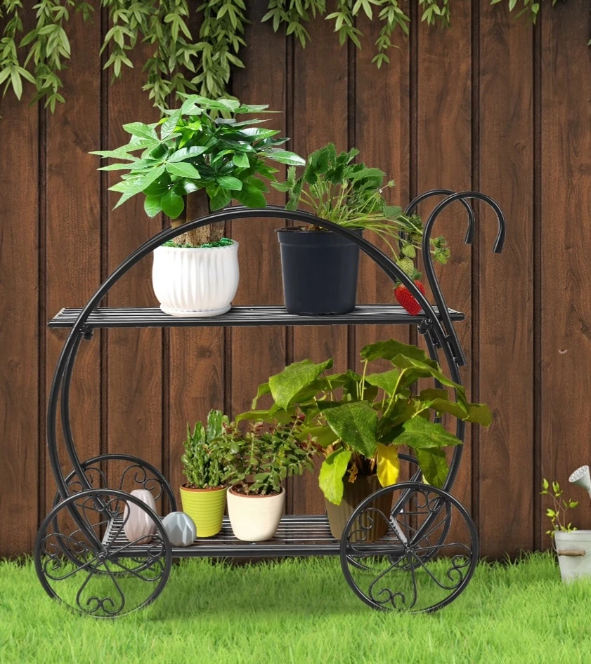 Black 2-Tier Metal Plant Stand with Wagon Wheel Design - photo 3