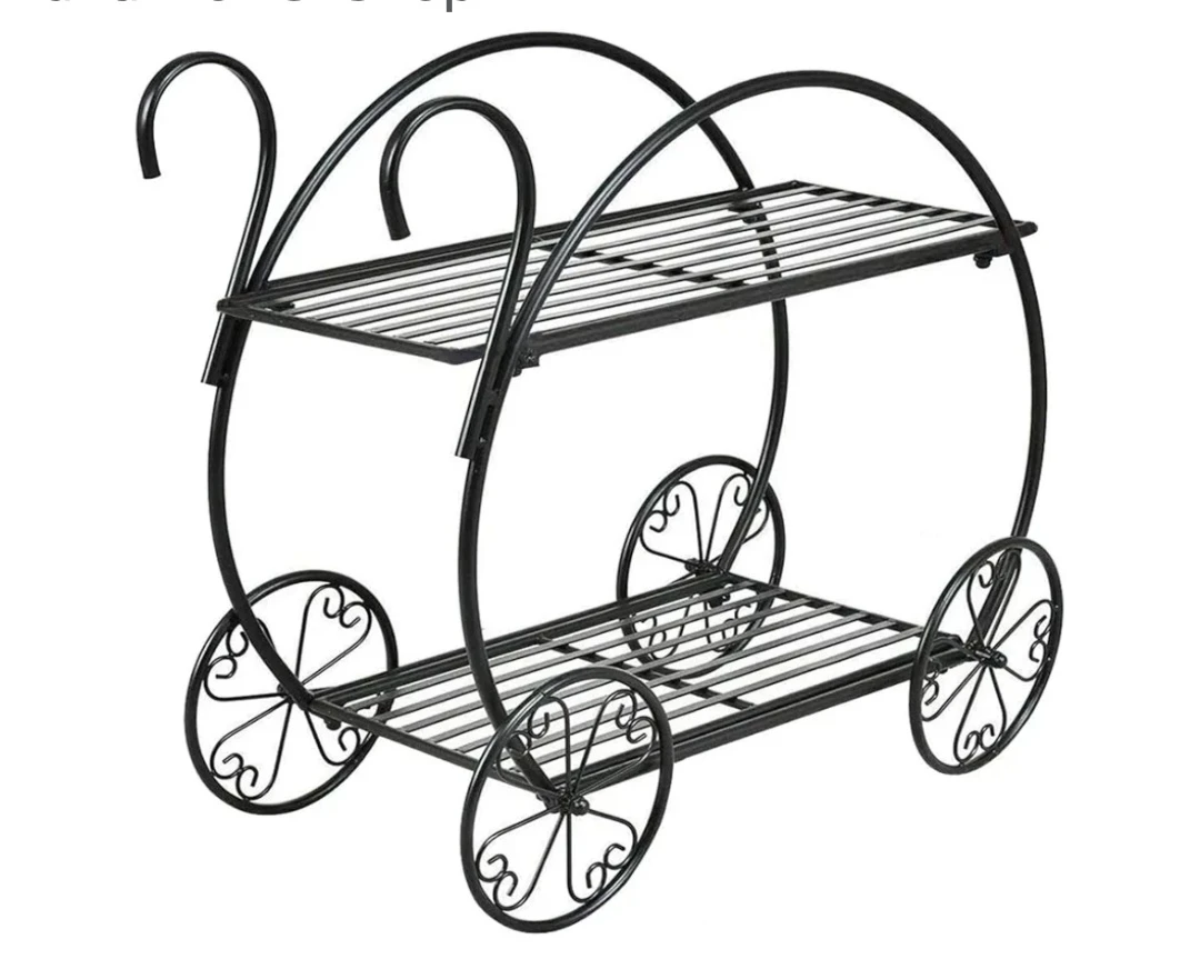 Black 2-Tier Metal Plant Stand with Wagon Wheel Design - photo 4