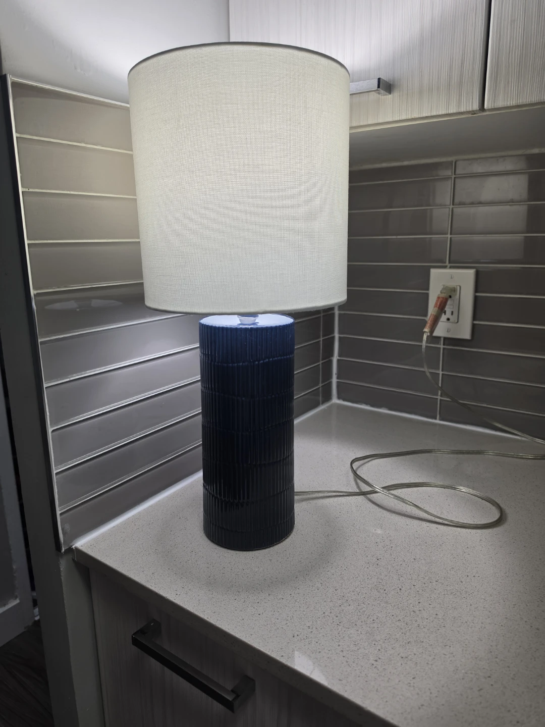 Navy Blue Textured Table Lamp with White Drum Shade