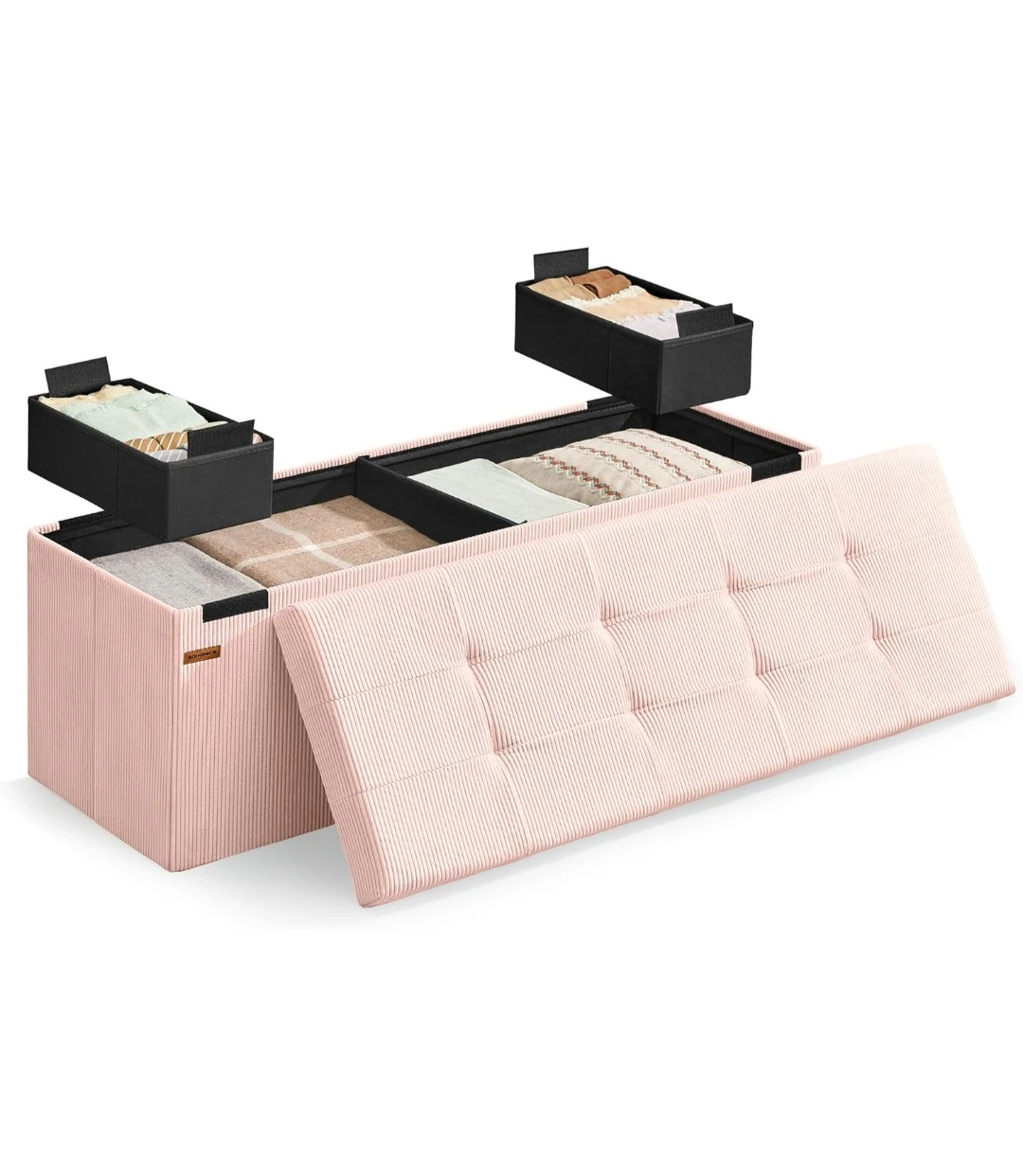 SONGMICS Pink Corduroy Storage Bench with Baskets