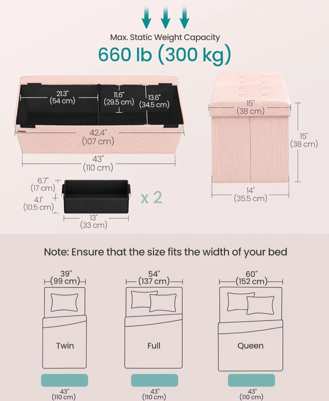 SONGMICS Pink Corduroy Storage Bench with Baskets - photo 3