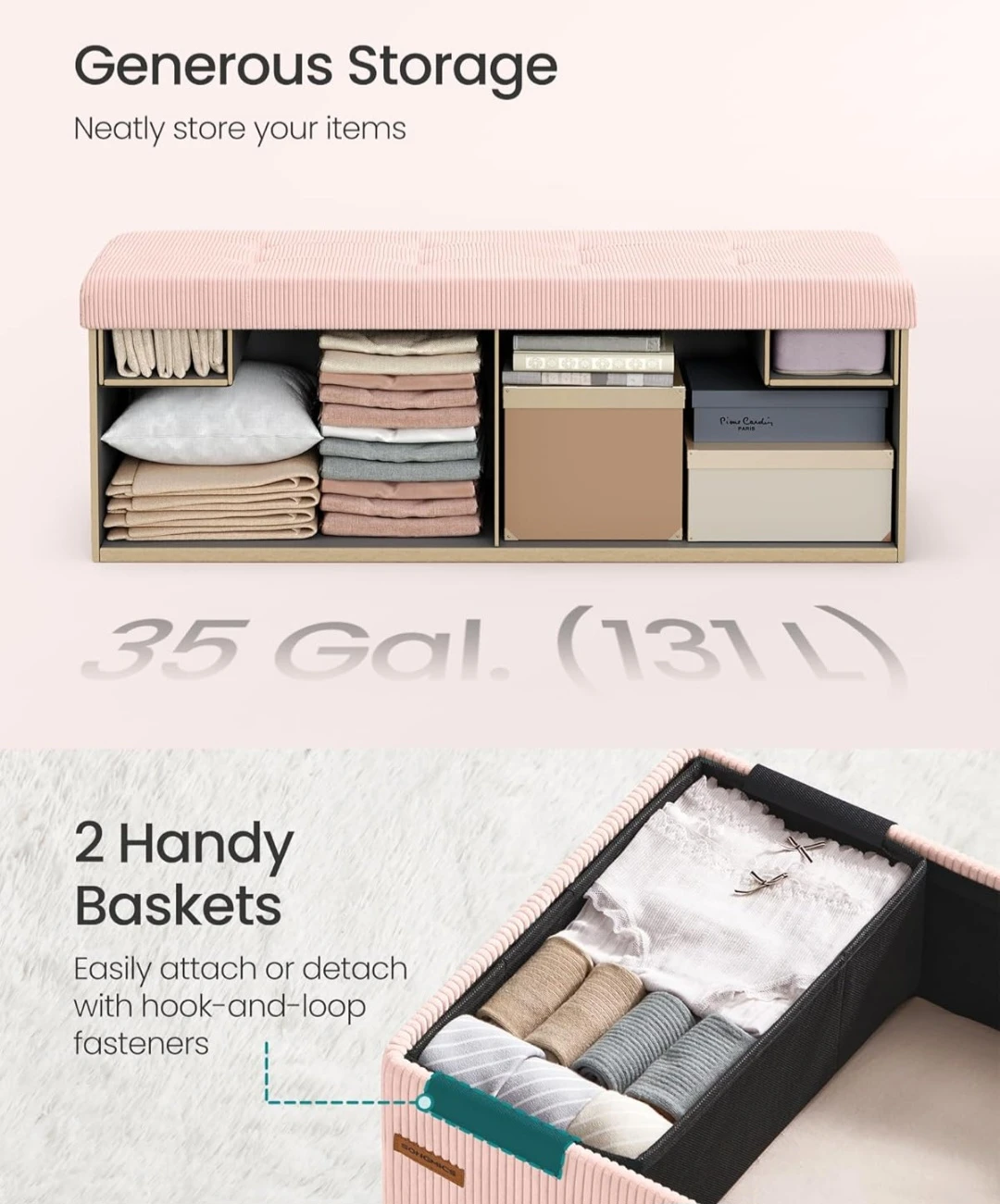 SONGMICS Pink Corduroy Storage Bench with Baskets - photo 4