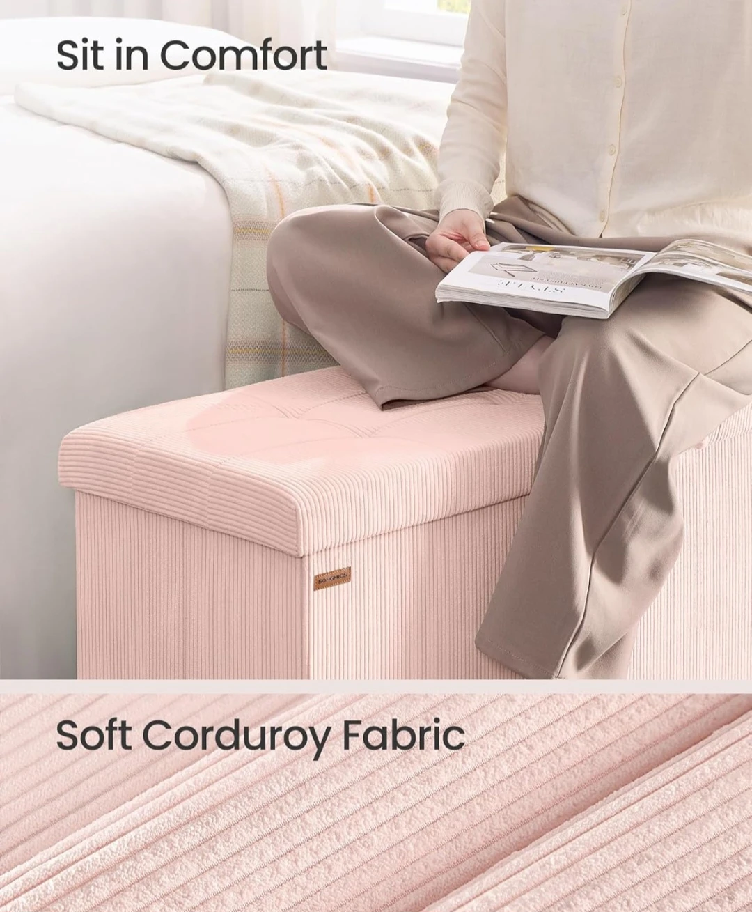 SONGMICS Pink Corduroy Storage Bench with Baskets - photo 5