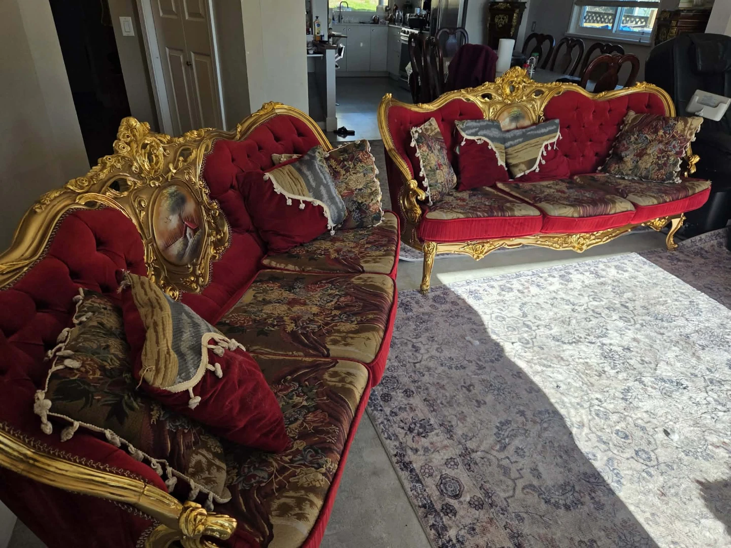 Ornate Red Velvet Sofa with Gold Gilded Frame - photo 3