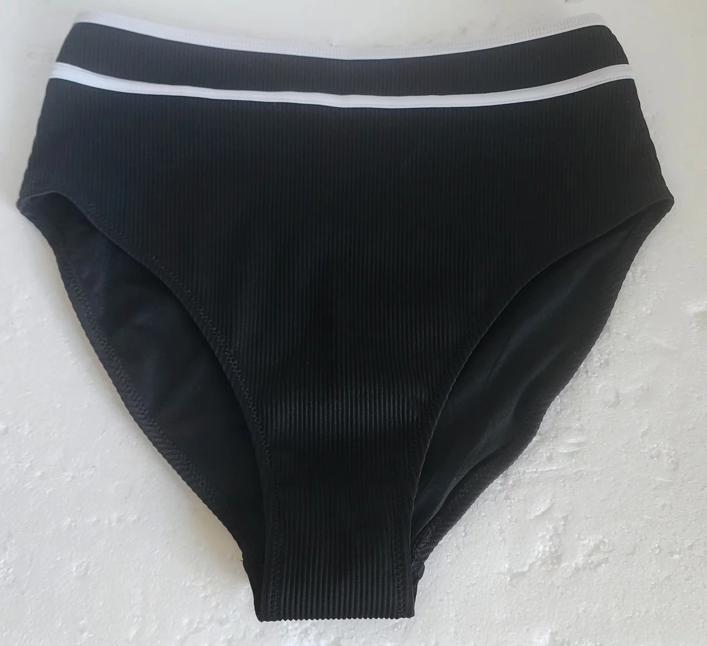 Black Ribbed High-Waisted Bikini Bottoms - Size M