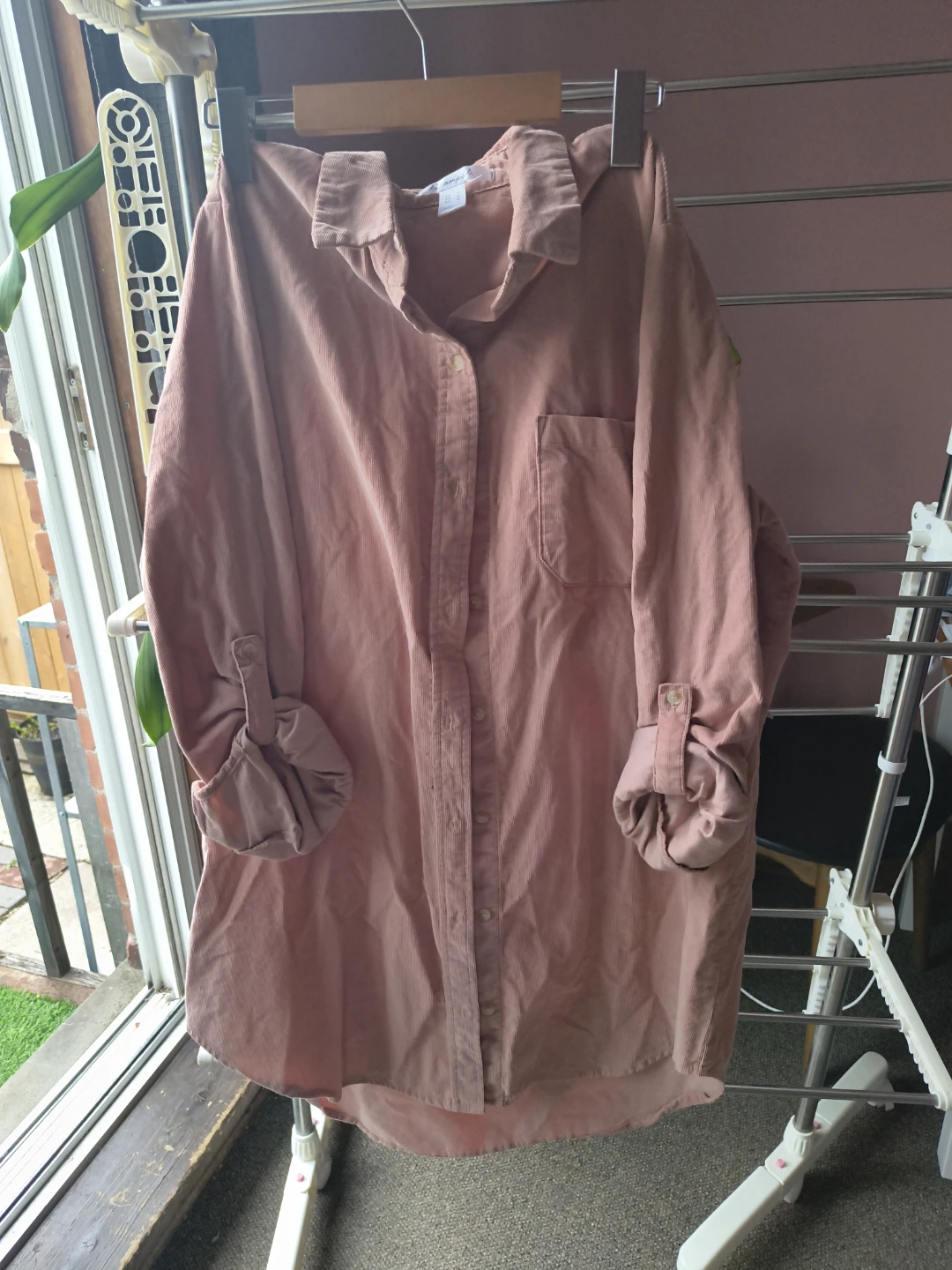 Pink Corduroy Button-Up Shirt Dress
