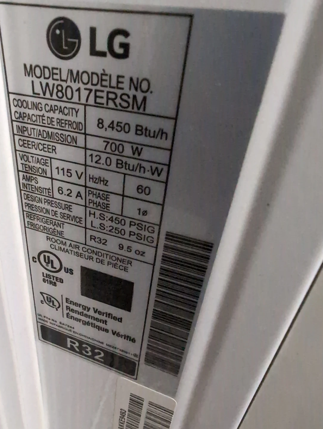 LG Window Air Conditioner LW8017ERSM - photo 2