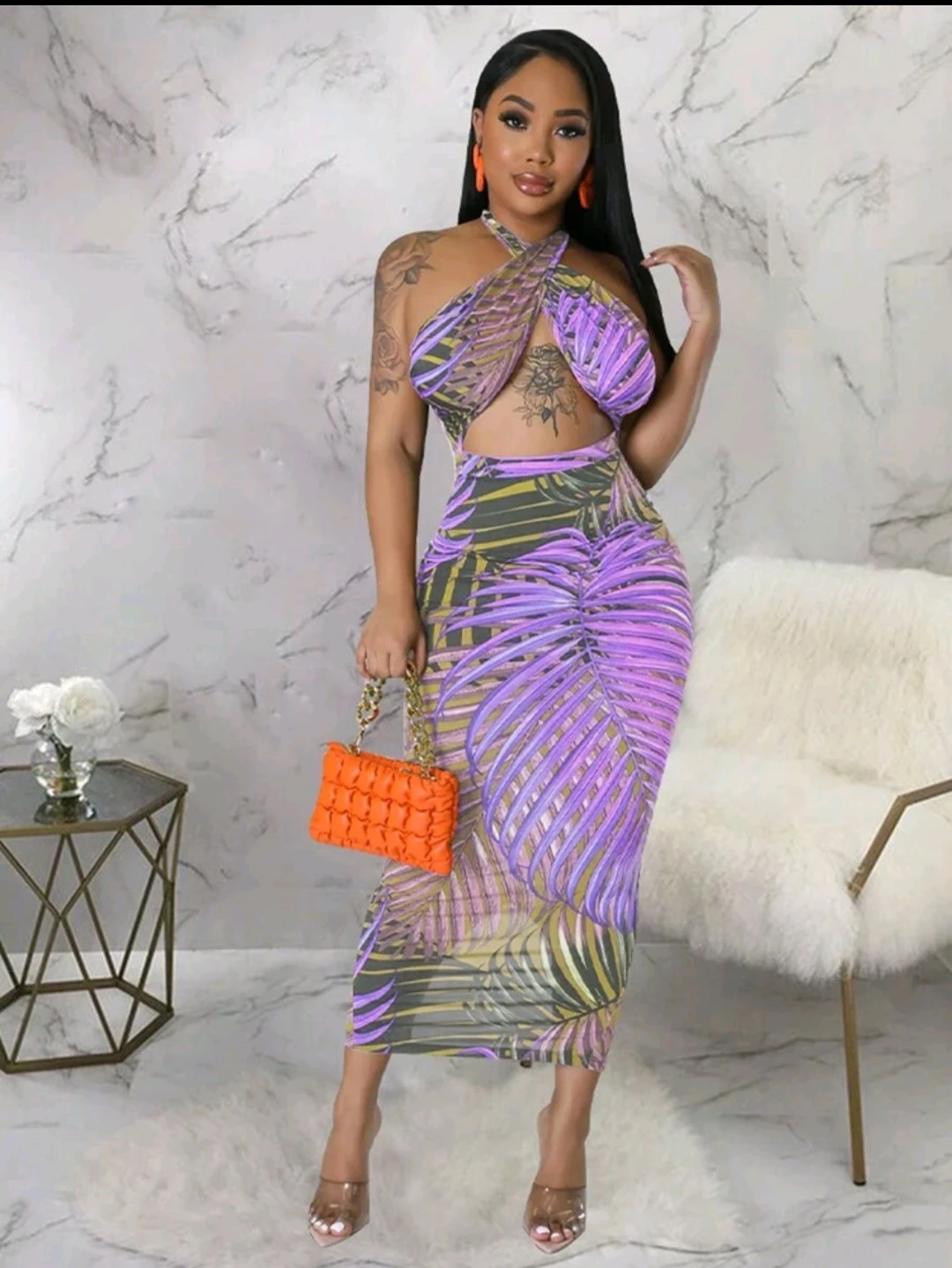 Purple Leaf Print Cutout Midi Dress