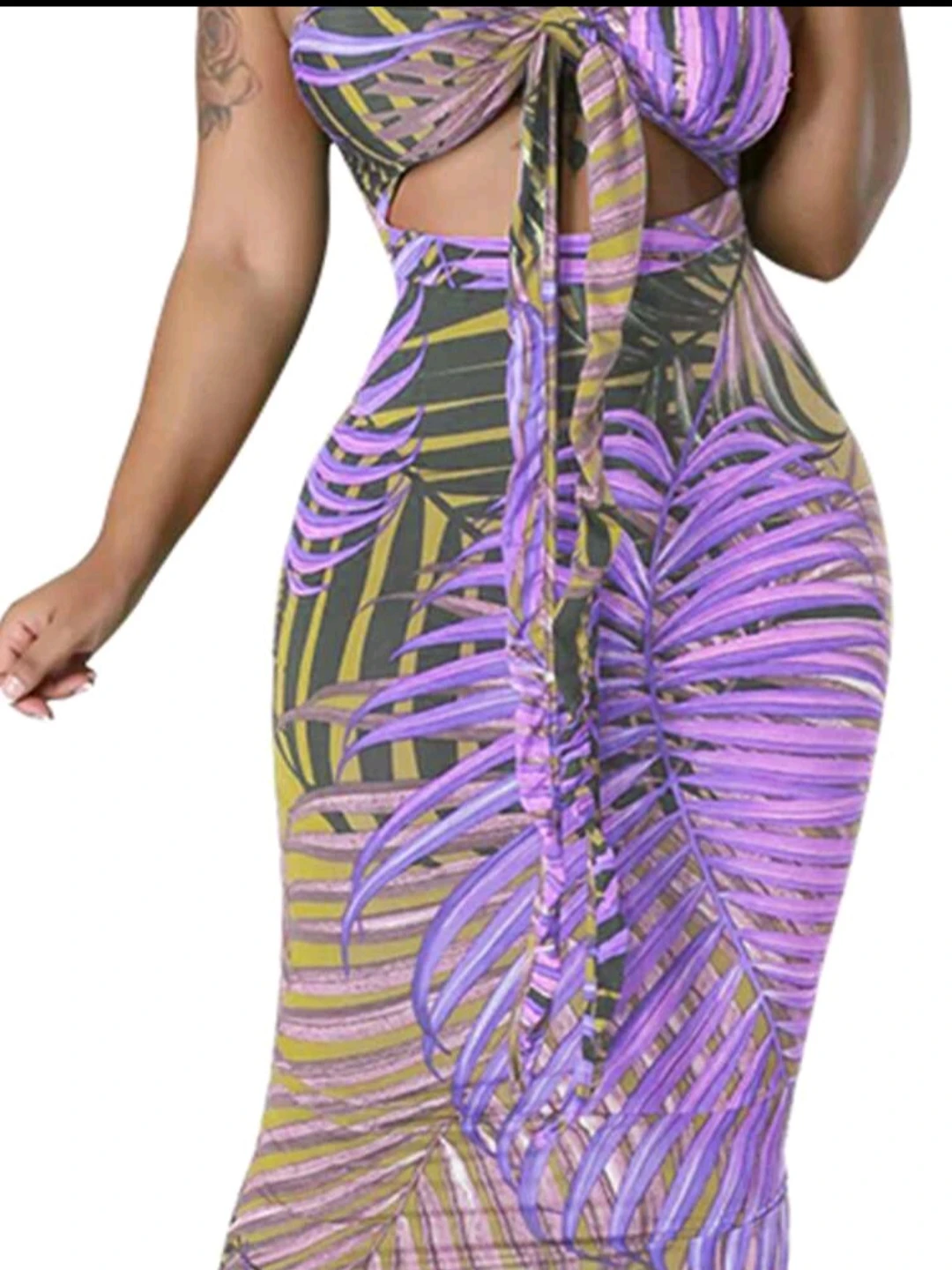 Purple Leaf Print Cutout Midi Dress - photo 3