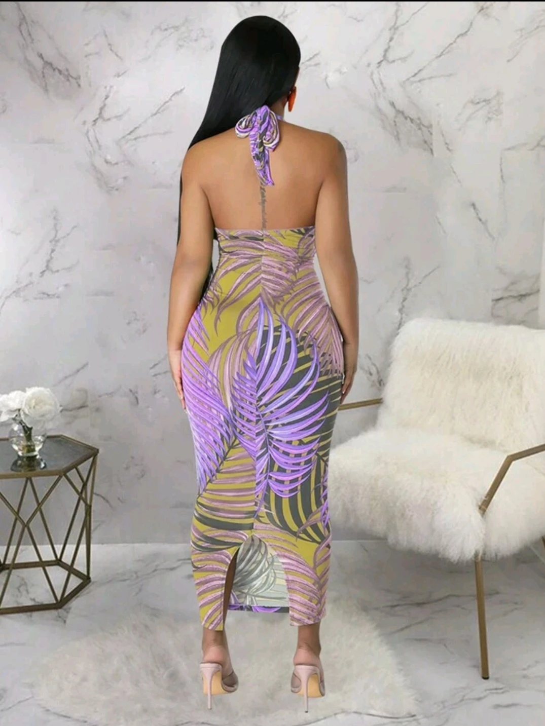 Purple Leaf Print Cutout Midi Dress - photo 4