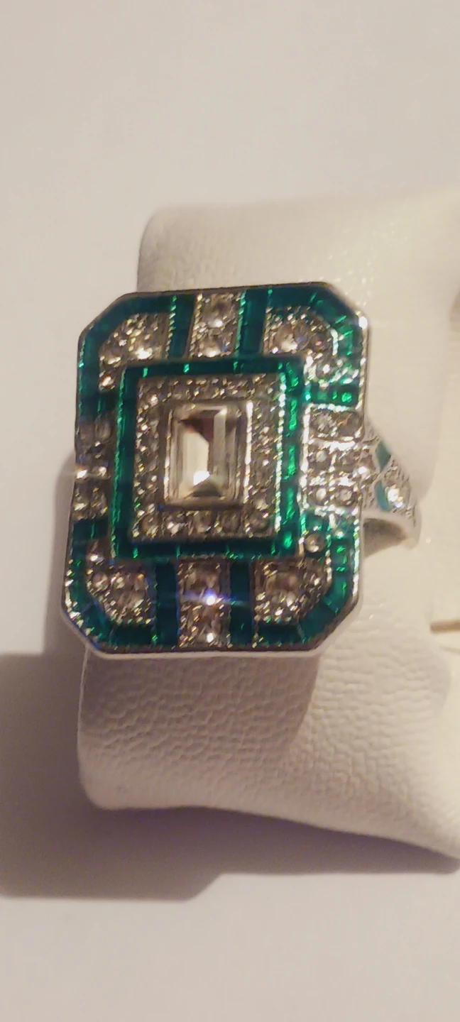 New !! Beautiful green enamel clear crystal ring. 8. - photo 4