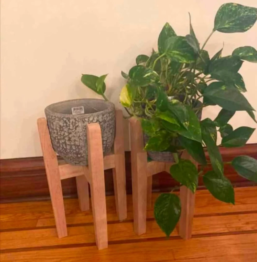 Stone Planter Pot with Wooden Stand