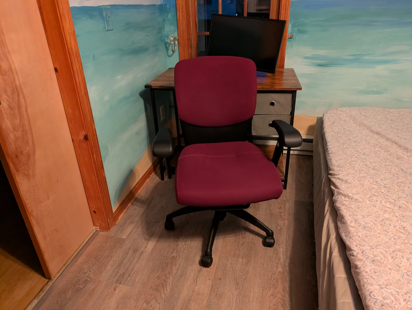 Burgundy Office Chair and Rustic Wood Desk with Storage