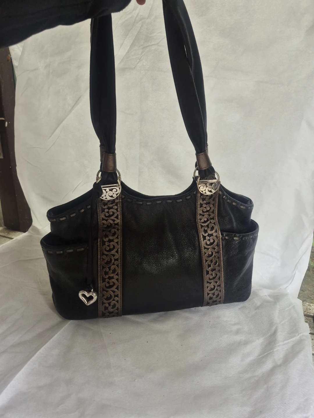 Brighton Black Leather Tote Bag with Decorative Trim