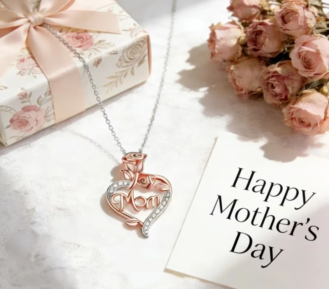 Rose Flower Heart Shaped MOM Pendant Necklace with Rhinestones