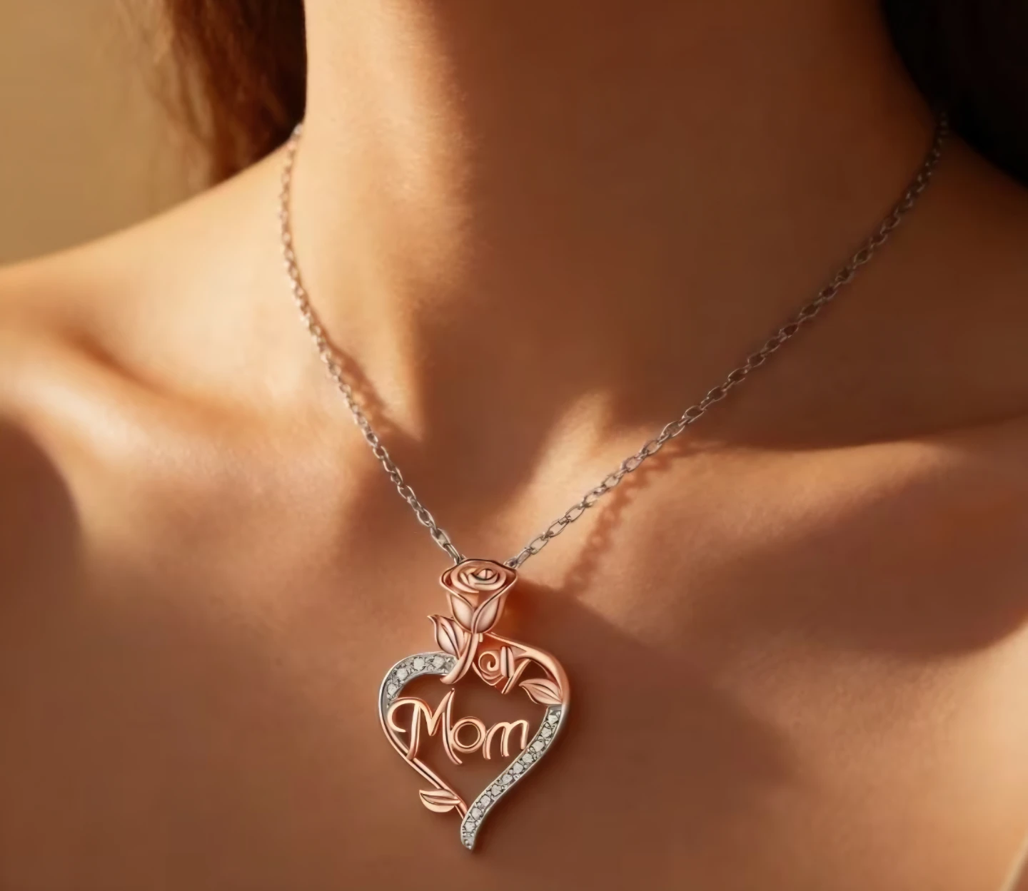 Rose Flower Heart Shaped MOM Pendant Necklace with Rhinestones - photo 2