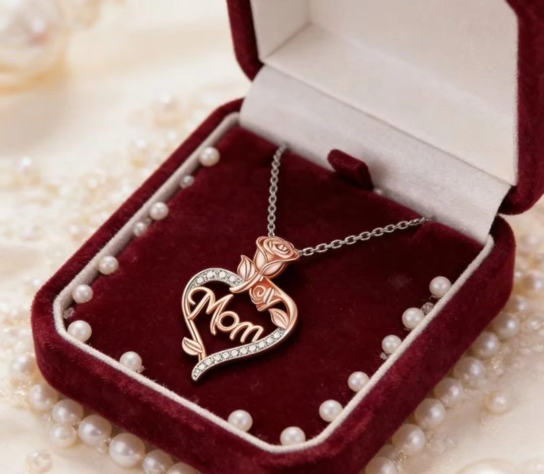 Rose Flower Heart Shaped MOM Pendant Necklace with Rhinestones - photo 3