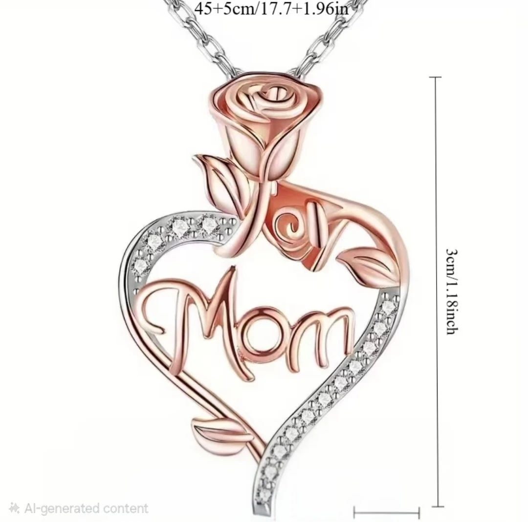 Rose Flower Heart Shaped MOM Pendant Necklace with Rhinestones - photo 4