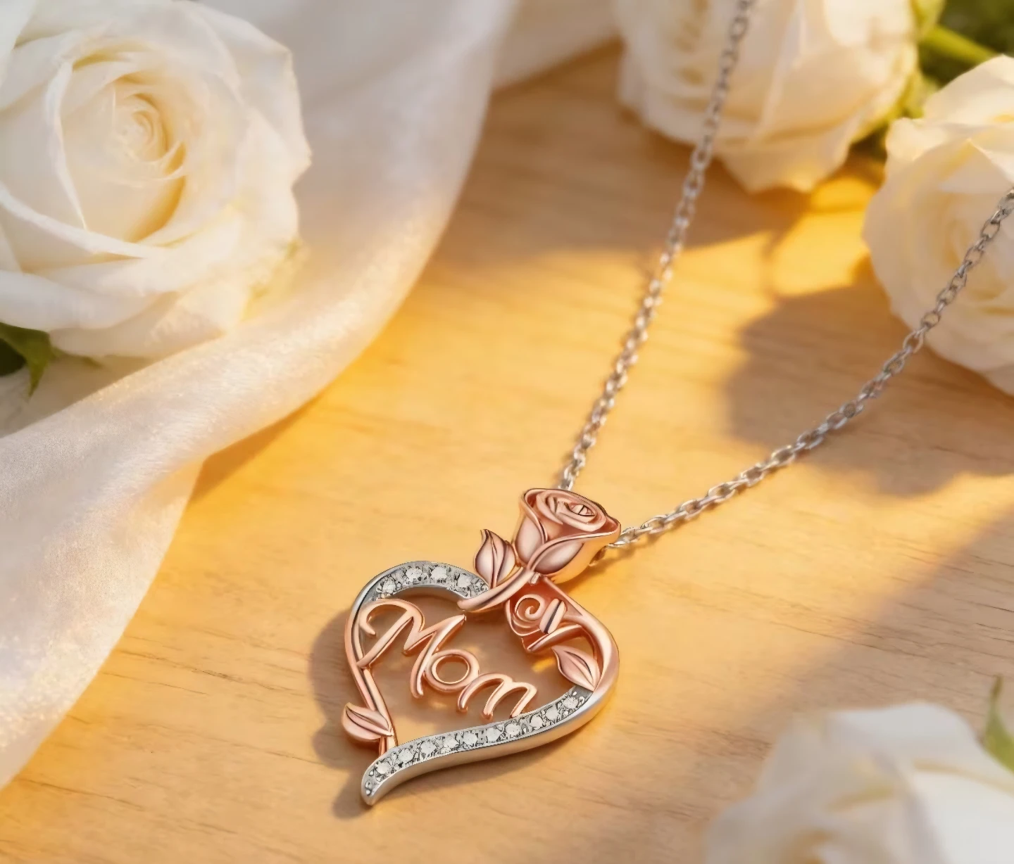 Rose Flower Heart Shaped MOM Pendant Necklace with Rhinestones - photo 5