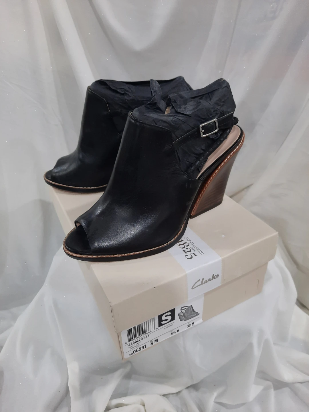 Clarks Black Leather Peep-Toe Wedge Ankle Boots Size 8