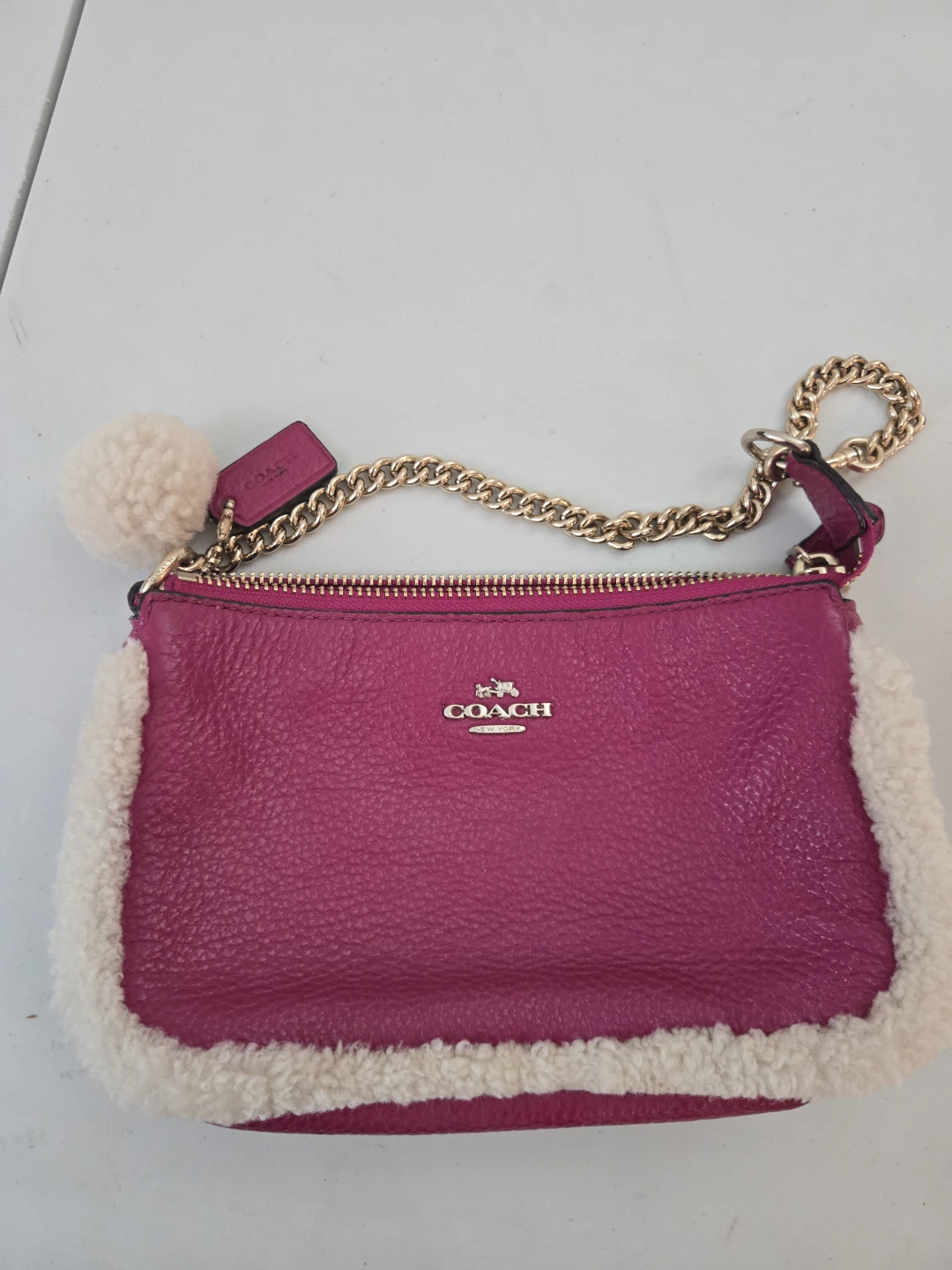 Coach Pink Leather & Sherpa Wristlet Pouch