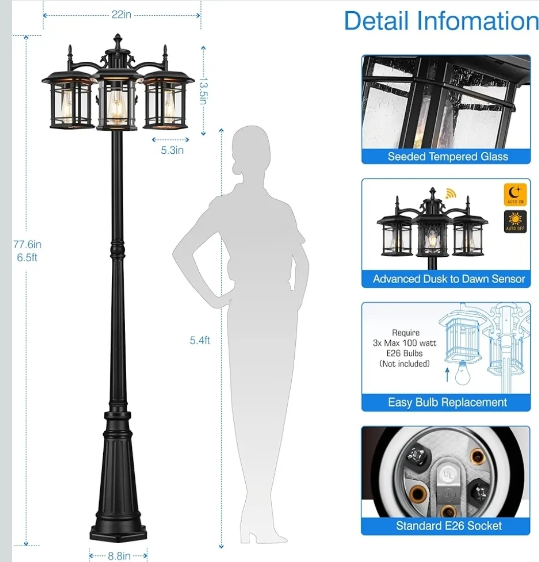 Outdoor 3-Light Pole Lamp with Dusk-to-Dawn Sensor - photo 4