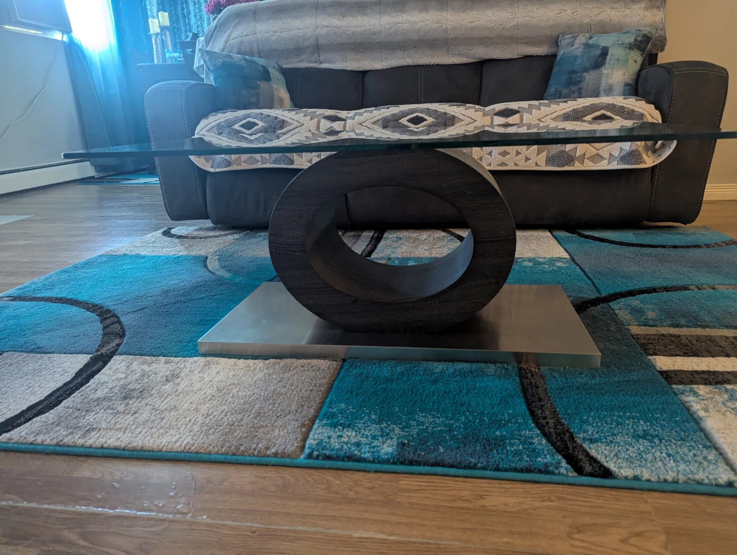Modern Glass Coffee Table with Wooden Drum Base - photo 2