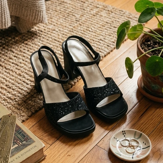 Sparkly Black Heeled Sandals