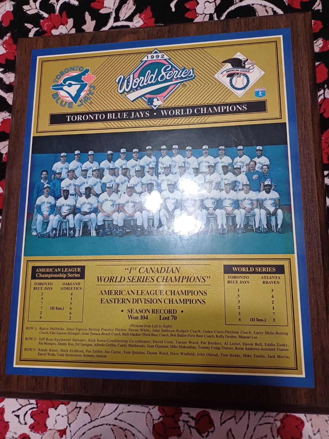 1992 Toronto Blue Jays World Series Champions Plaque