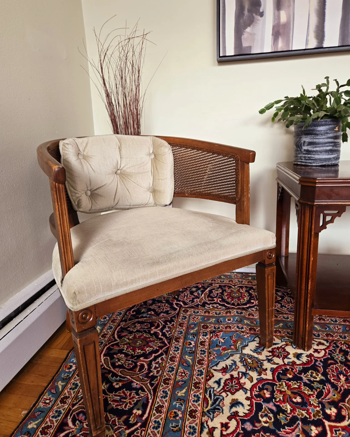 Vintage Walnut Tufted Arm Chair With Rattan Accents