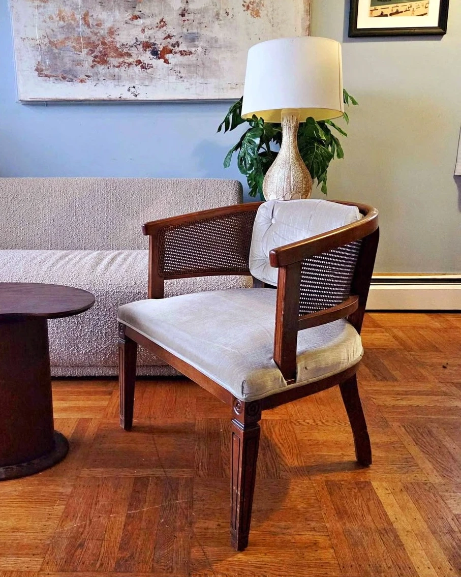 Vintage Walnut Tufted Arm Chair With Rattan Accents - photo 2