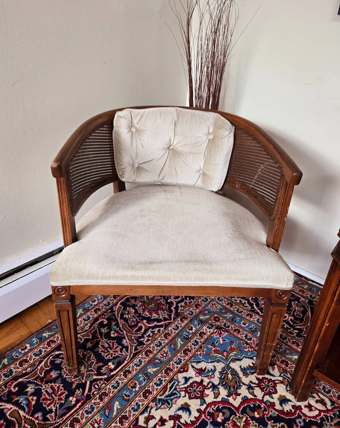 Vintage Walnut Tufted Arm Chair With Rattan Accents - photo 3