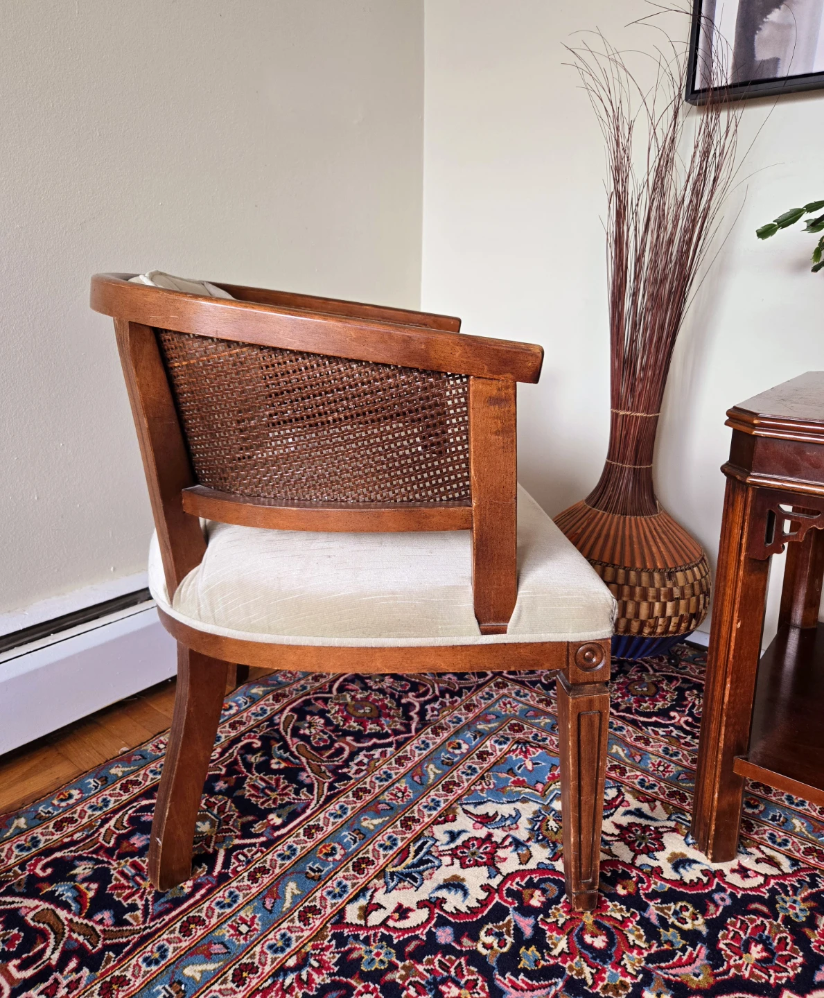 Vintage Walnut Tufted Arm Chair With Rattan Accents - photo 4