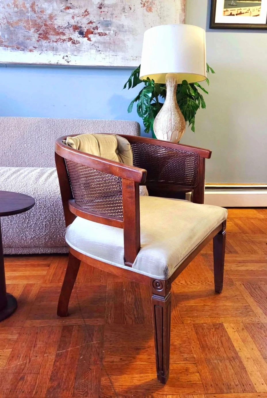 Vintage Walnut Tufted Arm Chair With Rattan Accents - photo 5