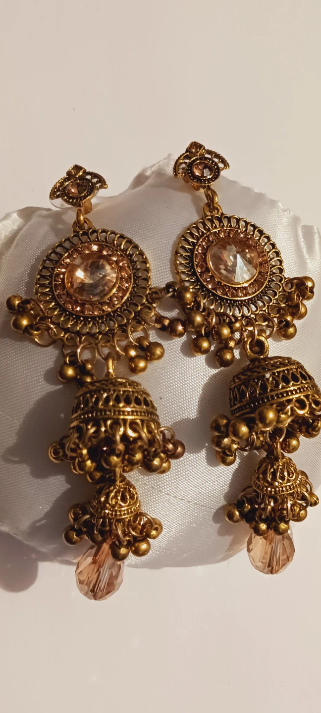 Gold Jhumka Earrings with Peach Gemstones - photo 2