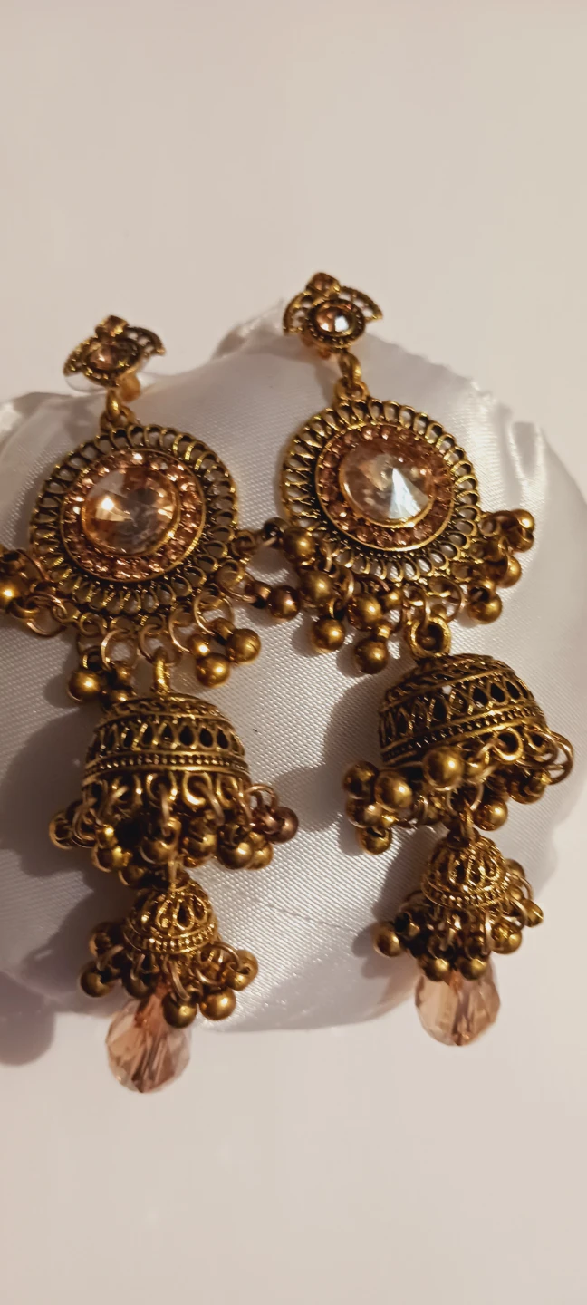 Gold Jhumka Earrings with Peach Gemstones - photo 3