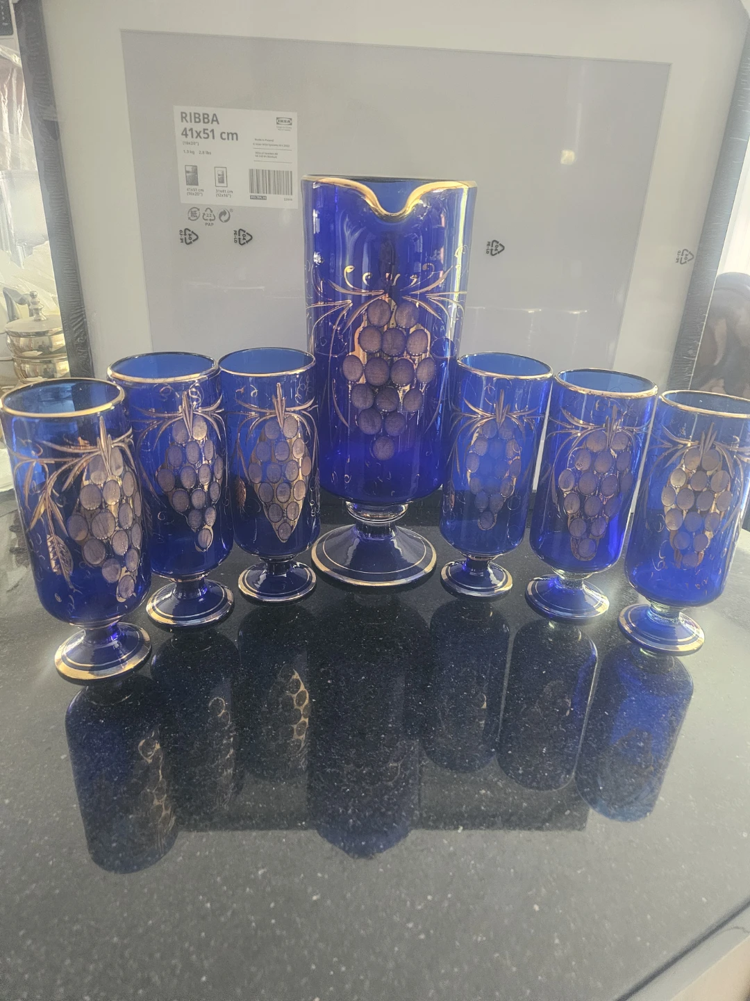 Blue Glass Pitcher and 6 Glasses Set with Gold Grapes