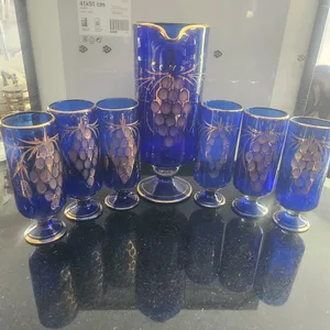 Blue Glass Pitcher and 6 Glasses Set with Gold Grapes