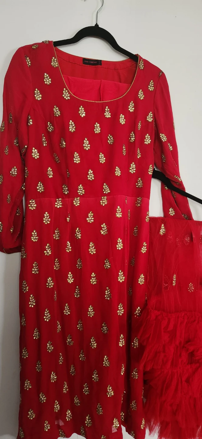 Red Embroidered Kurti with Trousers and Dupatta Set