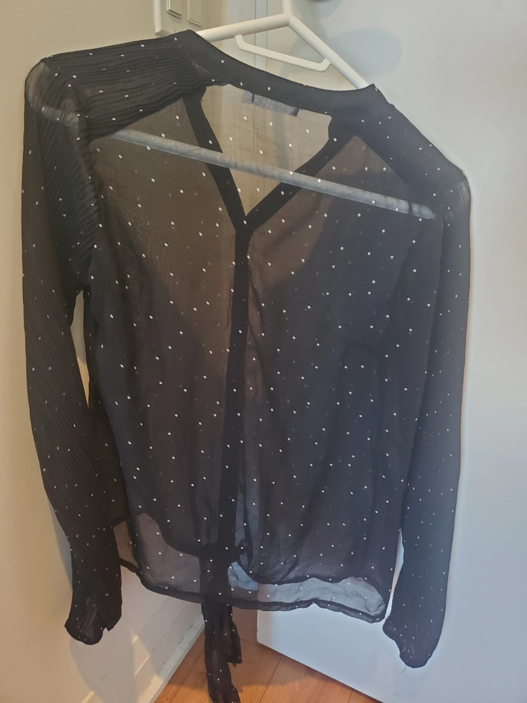 Katie black polka dot sheer button-up tie-front blouse size S - photo 3