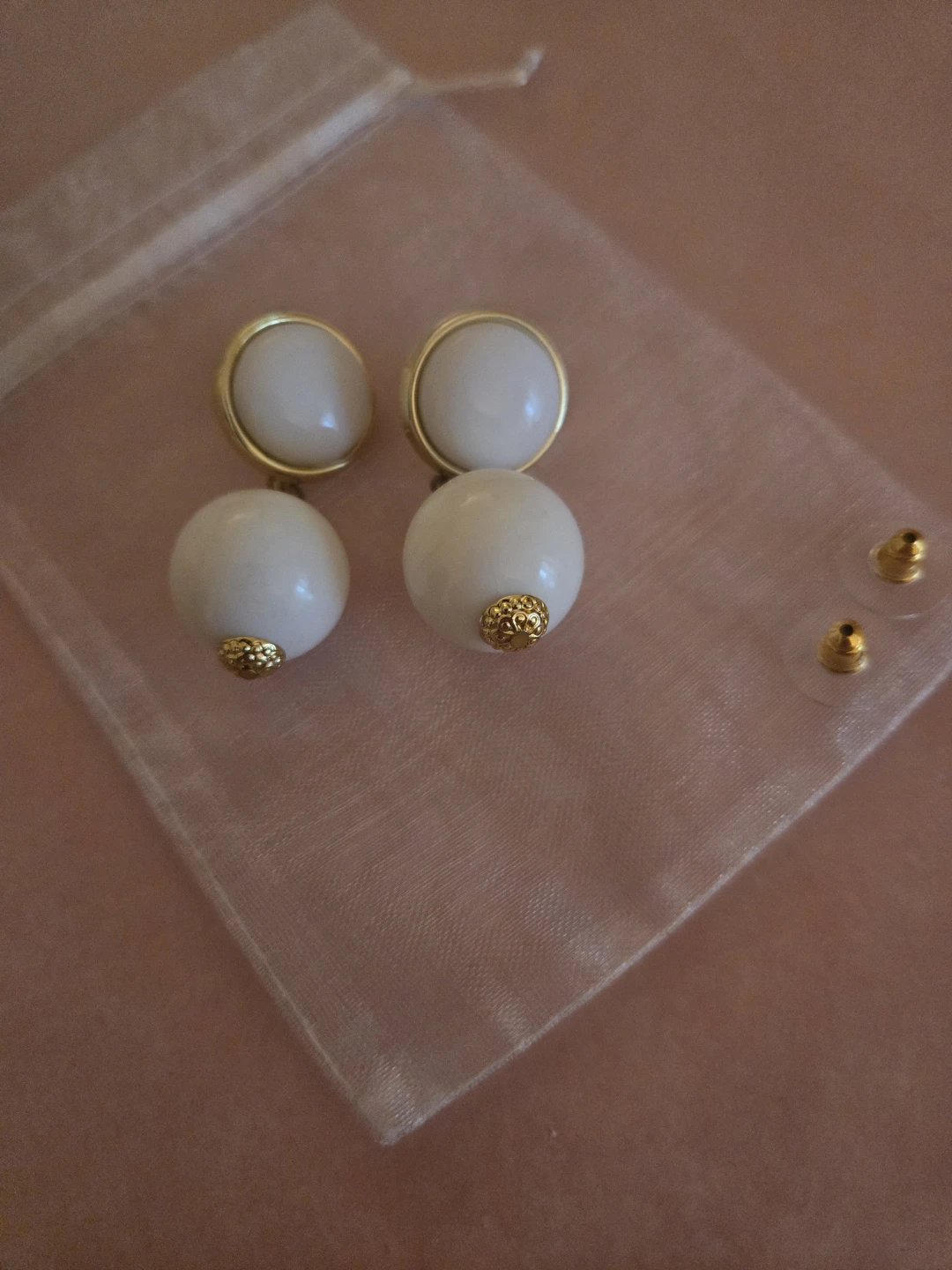 Vintage White Ball Drop Earrings with Gold Accents