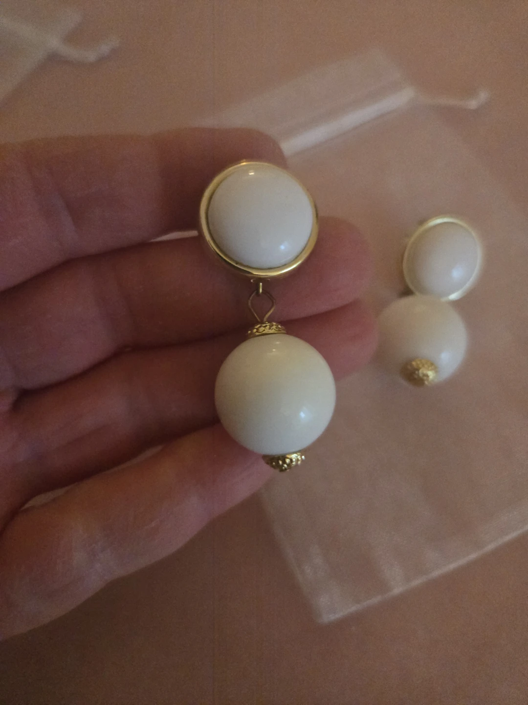 Vintage White Ball Drop Earrings with Gold Accents - photo 2