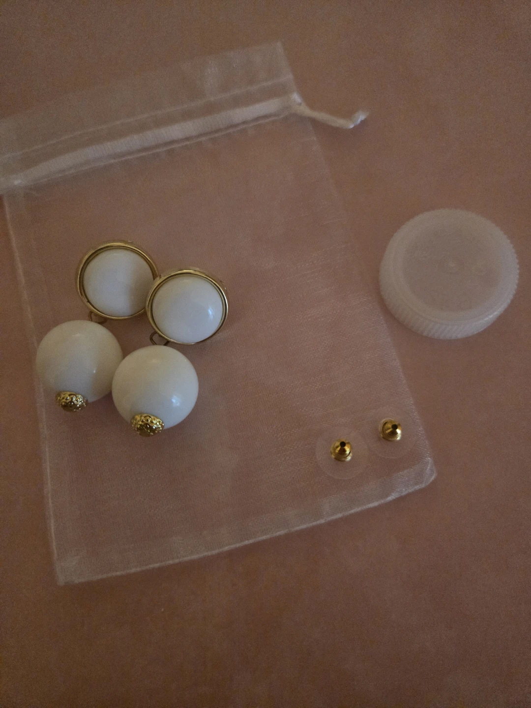 Vintage White Ball Drop Earrings with Gold Accents - photo 4