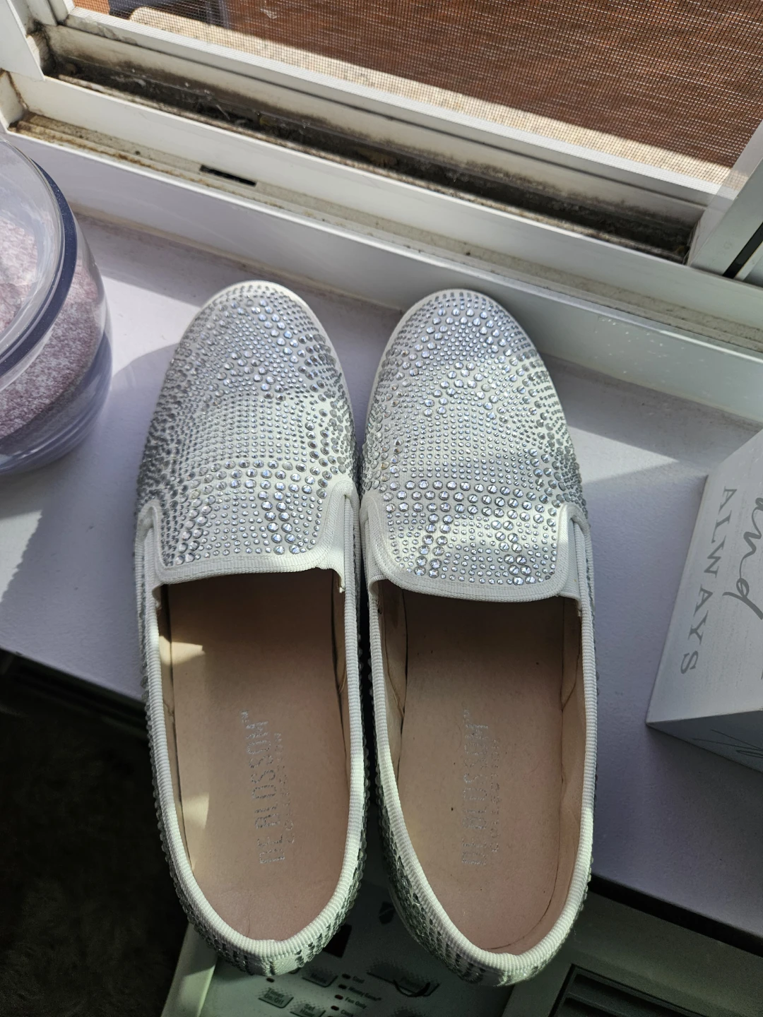 Blossom Collection White Rhinestone Slip-On Shoes Size 10