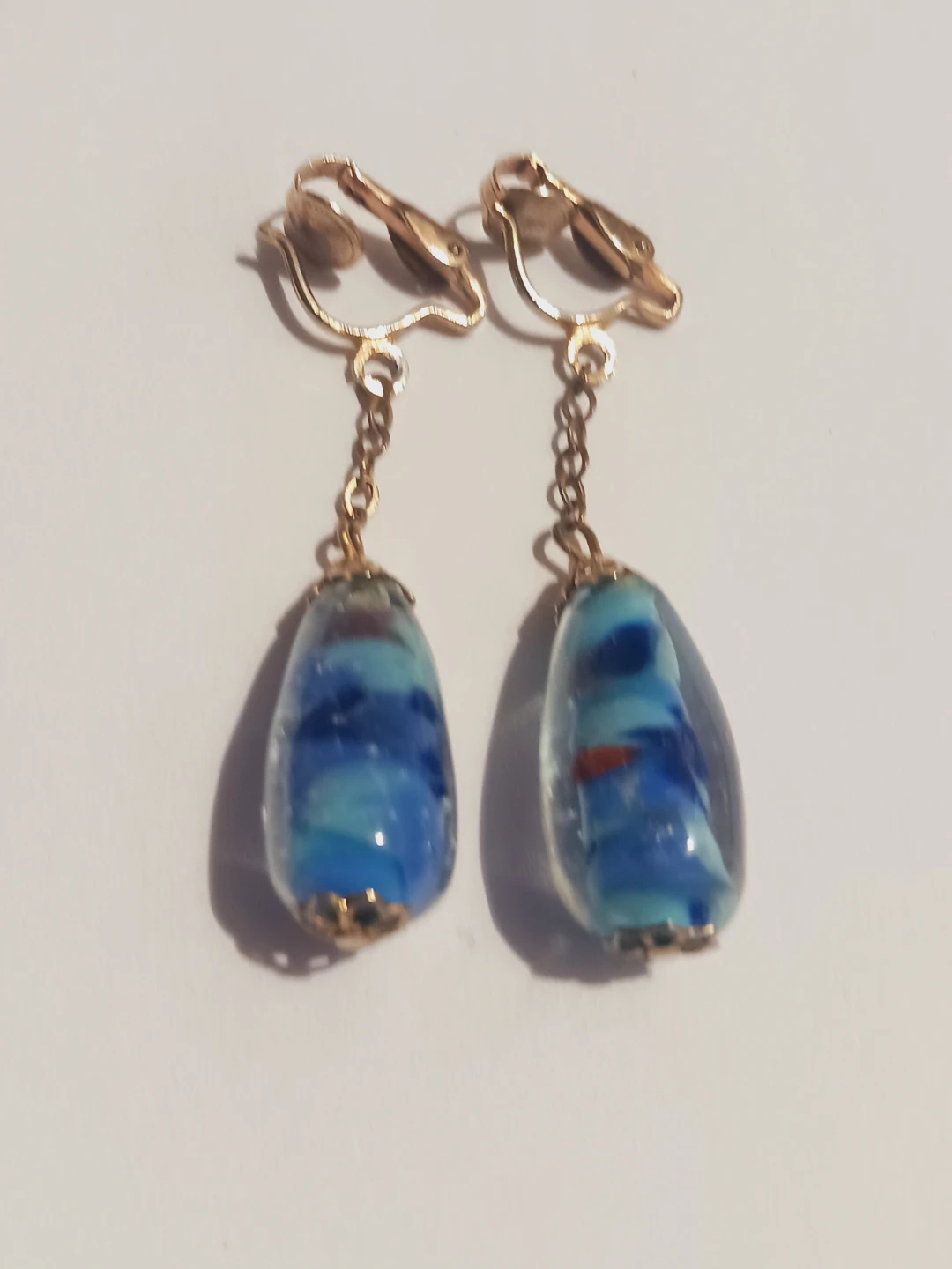 Vintage Blue Glass Teardrop Dangle Clip-On Earrings