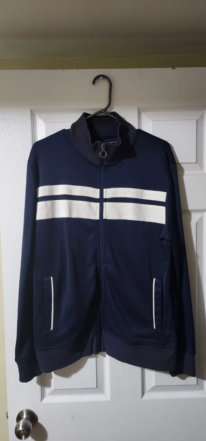 Navy Blue Track Jacket with White Stripes