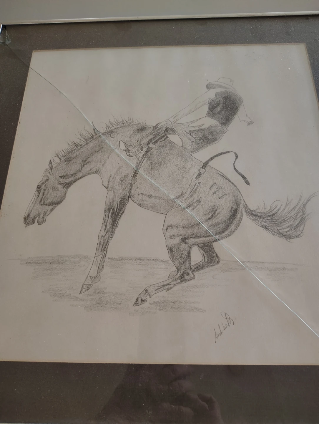Framed Pencil Drawing of a Cowboy on a Bucking Horse - photo 2