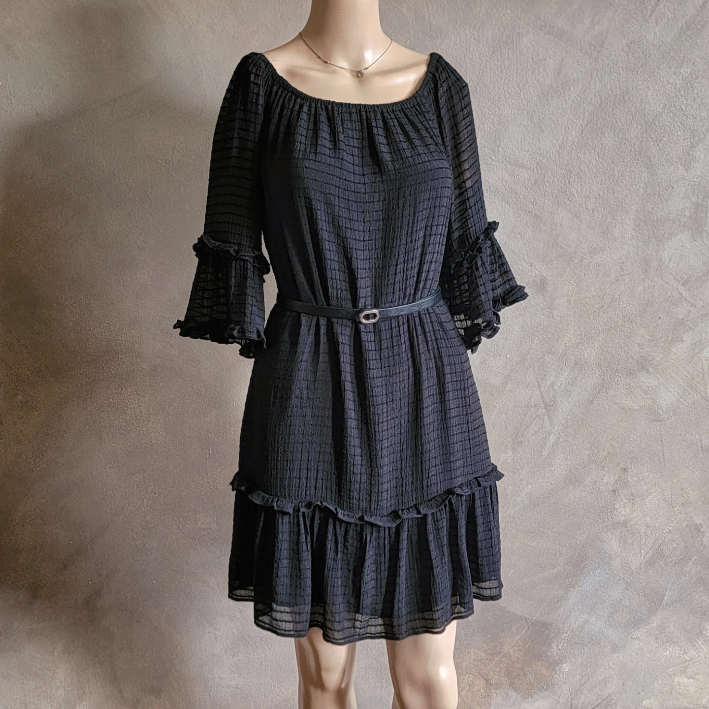 Black Off-the-Shoulder Ruffle Dress with Belt